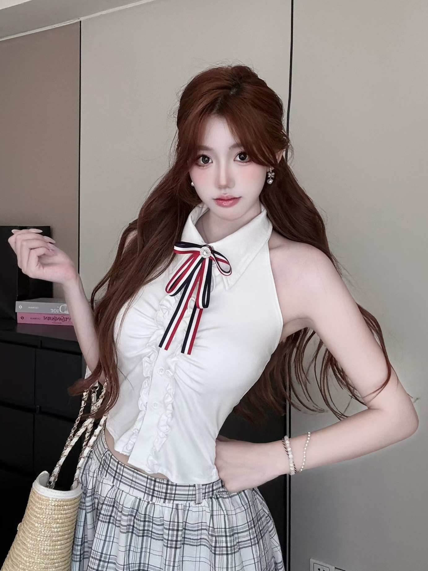 甜美少女风挂脖蝴蝶结吊带背心女夏季新款褶皱设计感修身短款上衣   服裝批發女裝批發服飾貨源