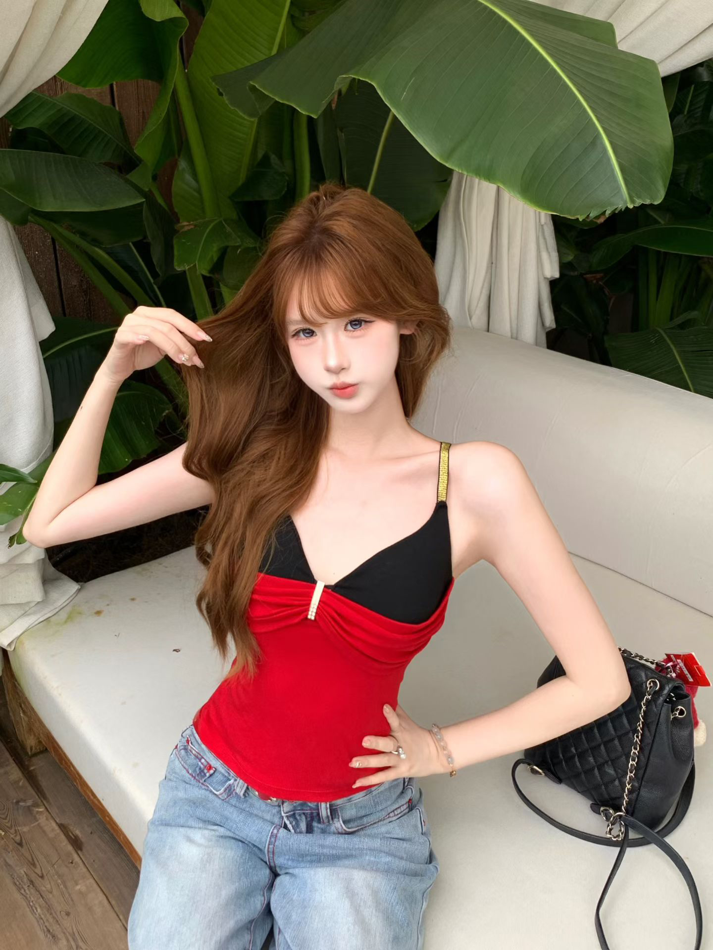 小众设计感撞色假两件吊带背心女...