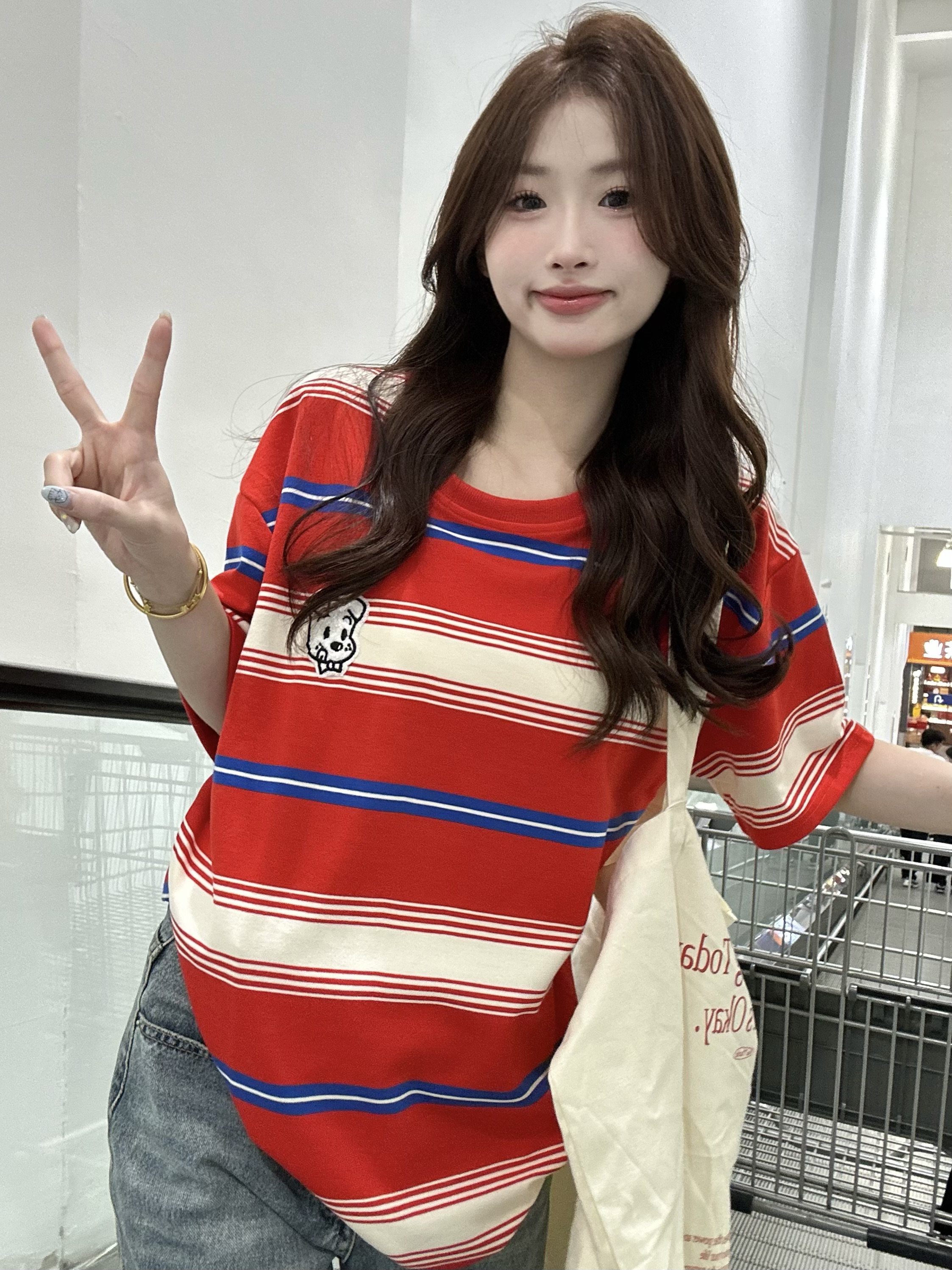 FA30056# 卡通条纹短袖t恤女新款休闲减龄撞色宽松上衣