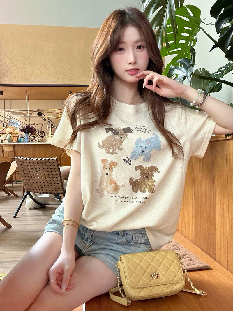 실사 정가 한 부서 낙서 프린트 강아지 만화 티셔츠 여성 여름 새로운 다용도 라운드 넥 티셔츠 여성