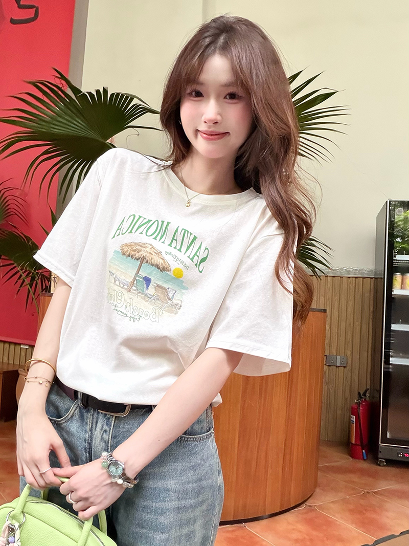 실사 정가 한 부서 휴가 바람 캐주얼 알파벳 프린트 반팔 티셔츠 여성 여름 루즈핏 맨위