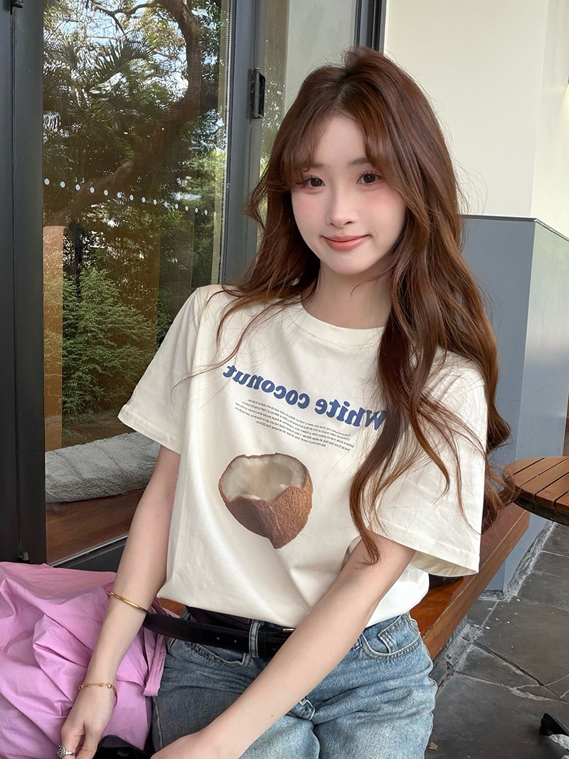 실사 정가 여름 새로운 알파벳 코코넛 프린트 한 부서 루즈핏 캐주얼 라운드 넥 반팔 여성