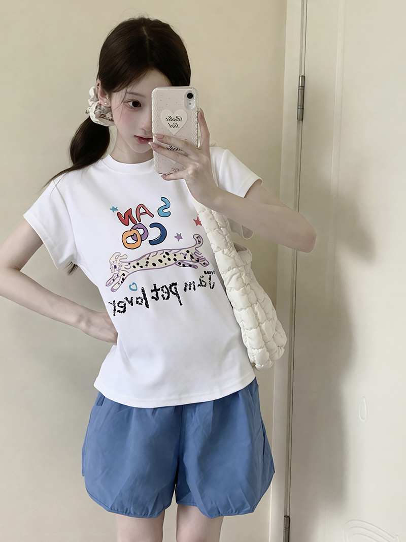 실사 정가 파란색 프린트 닥스 훈트 반팔 티셔츠 여성 여름 한 부서 캐주얼 긍정적 인 어깨 슬림해 보이는 맨위