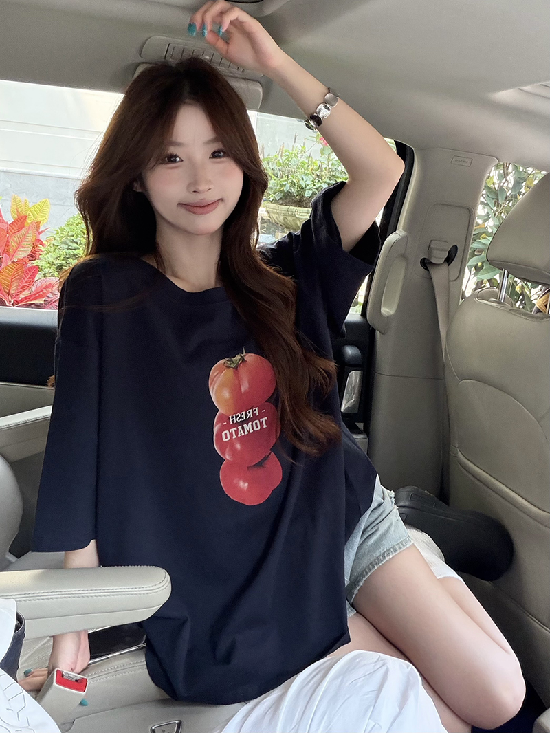 실사 정가 재미있는 창의성 토마토 프린트 라운드 넥 티셔츠 2026 여름 새로운 루즈핏 반소매 맨위