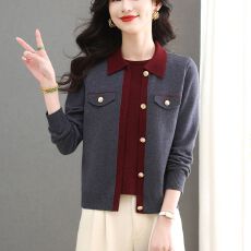 批发假两件套针织衫女开衫拼接套装洋气<b class='q'>妈妈装</b>春秋羊毛衫拼色打底毛衣