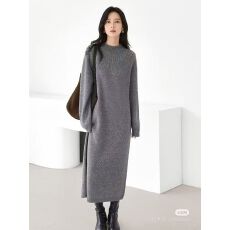 批发对白格雷灰直筒针织<b class='q'>连衣裙</b>女2025冬新款高级毛衣长裙