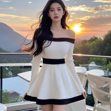 批发纯欲黑白撞色设计感短款<b class='q'>连衣裙</b>女性感一字领长袖收腰修身A字短裙