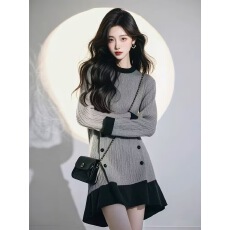 批发高级感超好看气质灰色针织<b class='q'>连衣裙</b>女2025春季新款名媛慵懒风短裙子