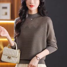 批发2025早秋新款针织长袖T恤女士<b class='q'>妈妈装</b>圆领羊毛衫上衣内搭打底毛衣