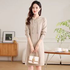 批发连帽毛衣女中长款羊毛针织<b class='q'>连衣裙</b>宽松显瘦打底秋冬新款羊绒衫