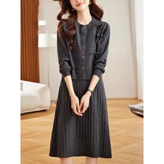 批发小香风灰色羊毛开衫背心针织<b class='q'>连衣裙</b>蝴蝶结圆领气质两件套套装裙子