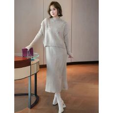 批发大码半高领宽落肩钉珠镶钻针织马甲+长款<b class='q'>连衣裙</b>