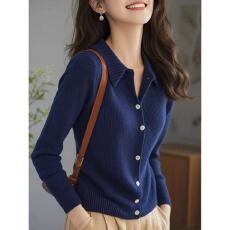 批发蓝色针织开衫外套女装秋季大码胖mm休闲百搭慵懒风Polo领毛衣上衣