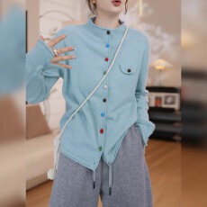 批发欧洲站小立领单排彩色扣子纯色<b class='q'>针织</b><b class='q'>开衫</b>秋冬新款时尚宽松长袖上衣