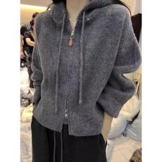 双拉链秋冬连帽针织衫开衫女休闲宽松高级感灰色百搭毛衣外套