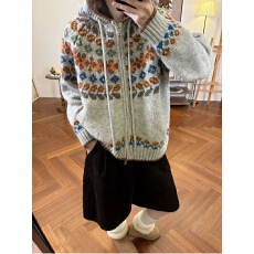 批发韩国东大门<b class='q'>秋</b>季新款费尔岛复古风时尚百搭拉链连帽通勤口袋毛衣