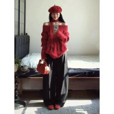 批发2025新款圣诞穿搭一字肩红色<b class='q'>针织衫</b>毛衣女秋冬季宽松慵懒内搭上衣