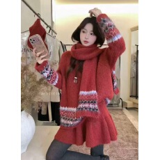 批发费尔岛风提花毛衣女秋<b class='q'>冬</b>复古慵懒风针织衫+短裙两件套装配围巾