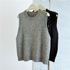 批发大码新款重工钉珠烫钻针织马甲背心<b class='q'>女</b>胖妹妹圆领叠穿无袖<b class='q'>毛衣</b>