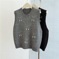 批发胖MM重工钉珠羊毛针织马甲<b class='q'>女</b>大码叠穿打底外搭背心法式无袖小上衣