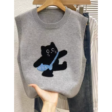 批发大码可爱<b class='q'>针织</b>无袖毛衣马甲<b class='q'>背心</b>胖MM刺绣小猫时尚百搭内搭