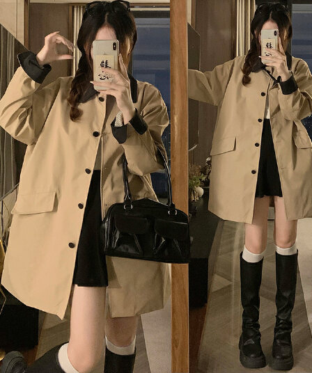 실사 카키 색 패치워크 바람막이 여성 코트 중간 길이 작은 키 한 부서 캐주얼 워크웨어 코트