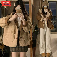批发<b class='q'>实拍</b>新款两面穿连帽咖色外套女皮毛一体加厚短款大衣