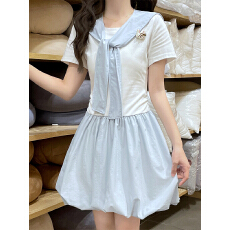 批发实拍学院风海军领披肩短袖T恤撞色连衣裙两件套