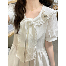 批发实拍学院风海军领小清新宽松系带收腰连衣裙