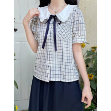 实拍法式甜美可爱学院风娃娃领泡泡袖刺绣格子上衣+半身裙两件套
