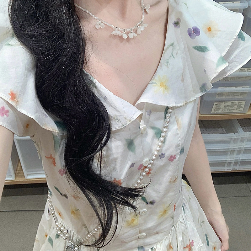 실사 높은 지점 워시 물 면 프린트 V넥 Feifei 소매 신선함 롱 코트 드레스