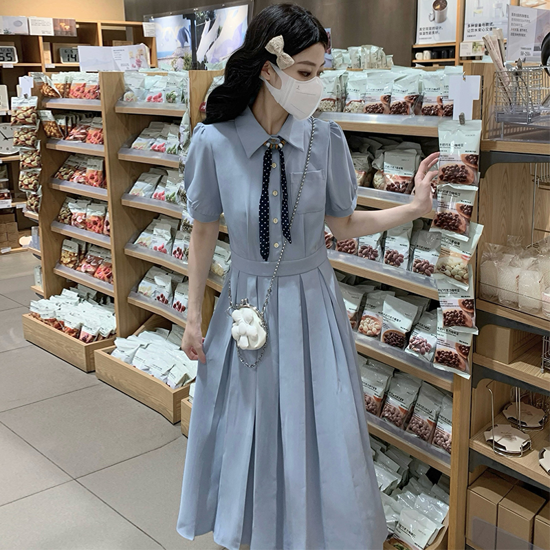 실사 여름 새로운 프랑스식 학원 스타일 허리 수축 반팔 셔츠 칼라 드레스