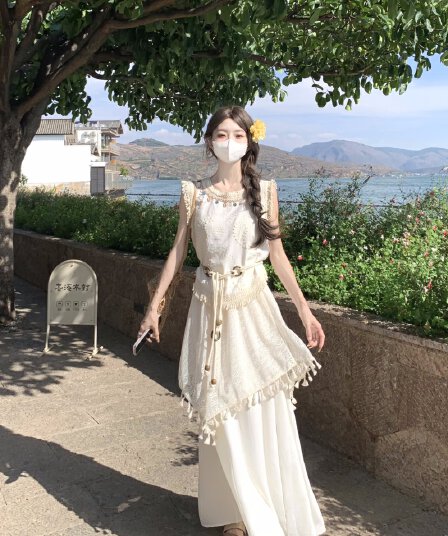 실사 2026 여름 새로운 보헤미안 불규칙 술 베스트 맨위 여성 휴가 바람 반신 치마 세트