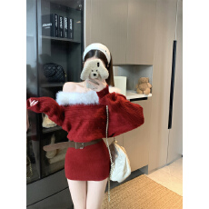 批发实拍2025新款纯欲风性感一字肩麻花<b class='q'>中长款</b>针织连衣裙<b class='q'>毛衣</b>女送腰带