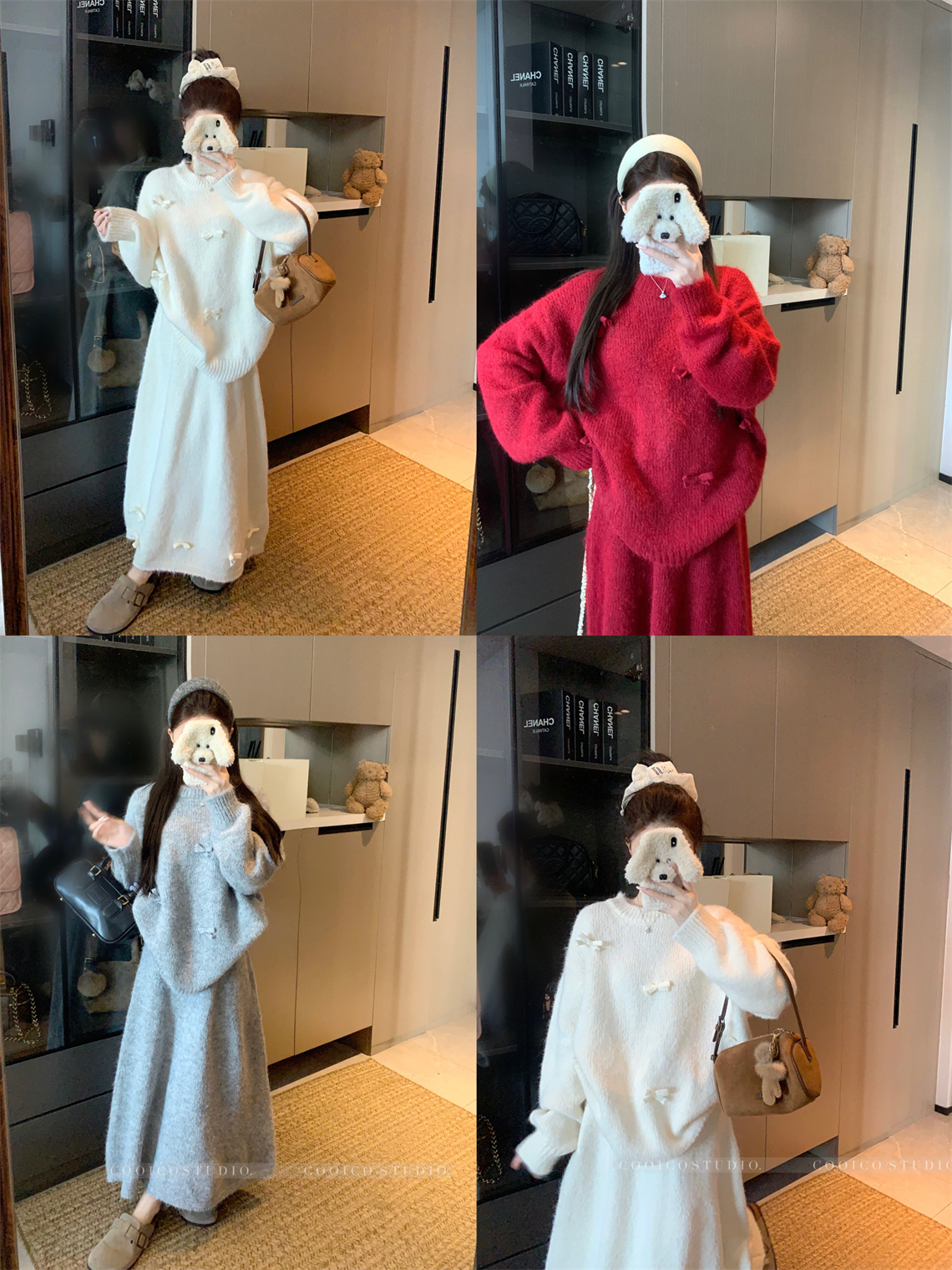 실사 새로운 크리스마스 레드 니트 세트 여성 나비 매듭 3 차원 장식 루즈핏 스웨터 중간 길이 반신 스커트