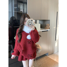 批发实拍 秋冬新款新年战袍红色毛衣女半身裙法式<b class='q'>甜美</b>两件套