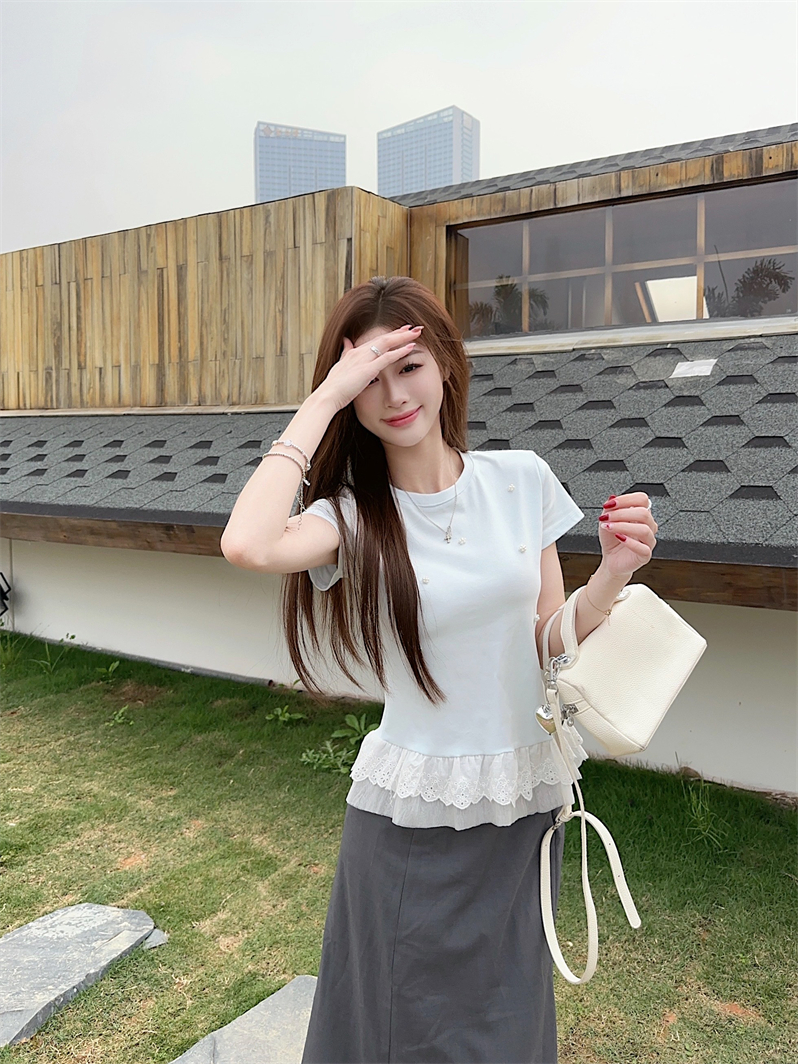 실사 2026 봄 여름 비즈 박기 장식 패치워크 밑단 레이스 레이스 반팔 티셔츠 여성 몸매 가꾸기 슬림해 보이는 맨위
