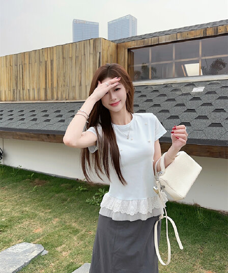실사 2026 봄 여름 비즈 박기 장식 패치워크 밑단 레이스 레이스 반팔 티셔츠 여성 몸매 가꾸기 슬림해 보이는 맨위