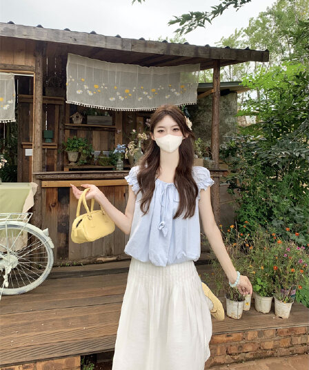 실사 2026 여름 새로운 프랑스식 연령 감소 달콤함 거품 소매 쇼트 스타일 작은 셔츠 프릴 꽃밭 맨위