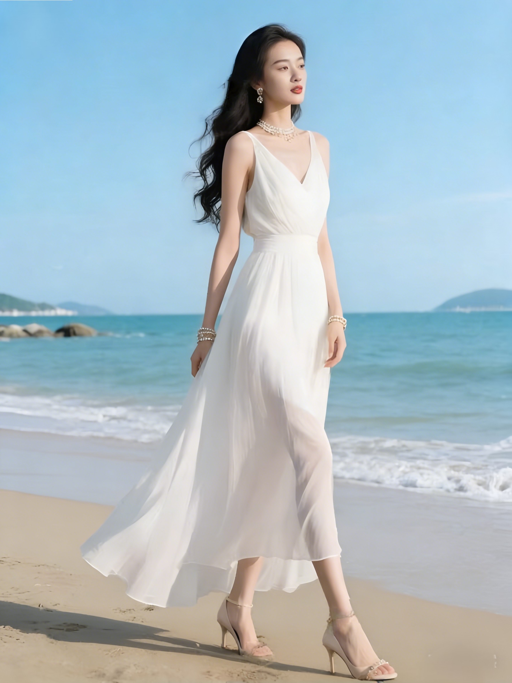 Tulle 화이트 드레스 민소매 V넥 조끼 스커트 여성 여름 해변가 휴가 해변 드레스 쉬폰 롱 스커트 고급 센스
