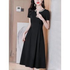 批发小黑裙2025<b class='q'>夏季</b>新款气质名媛修身显瘦a字裙中长款黑色短袖连衣裙