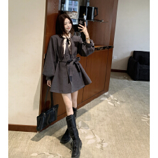 实拍 大码胖mm秋冬新款呢子外套收腰系带显瘦A摆大衣带丝巾