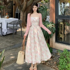 批发实拍  大码春夏新款花边拼接遮肉显瘦高腰吊带裙+长袖开衫两件套