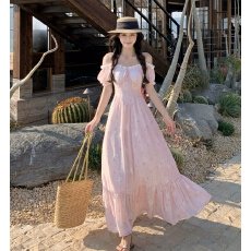 批发实拍大码胖mm夏新款度假风小清新提花短袖连衣裙高腰遮肉大摆长裙