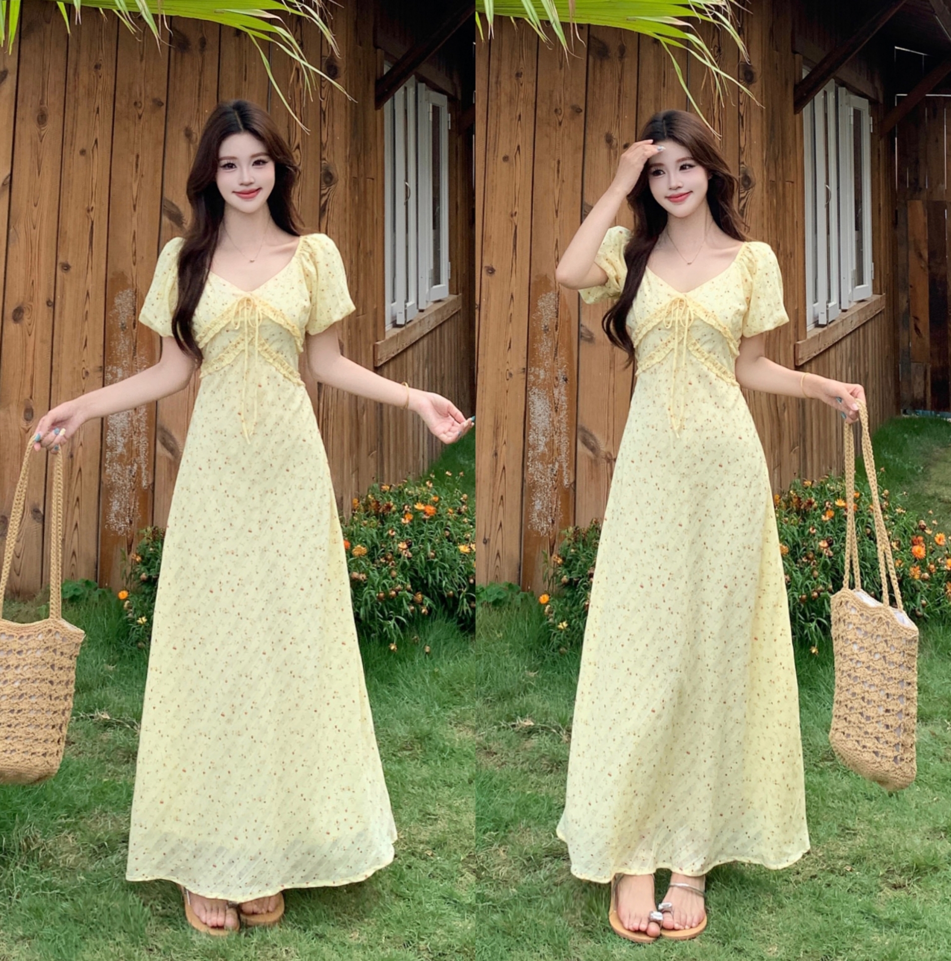 RY3864# 实拍 大码胖mm法式V领甜美碎花高腰泡泡袖短袖连衣裙气质遮肉长裙