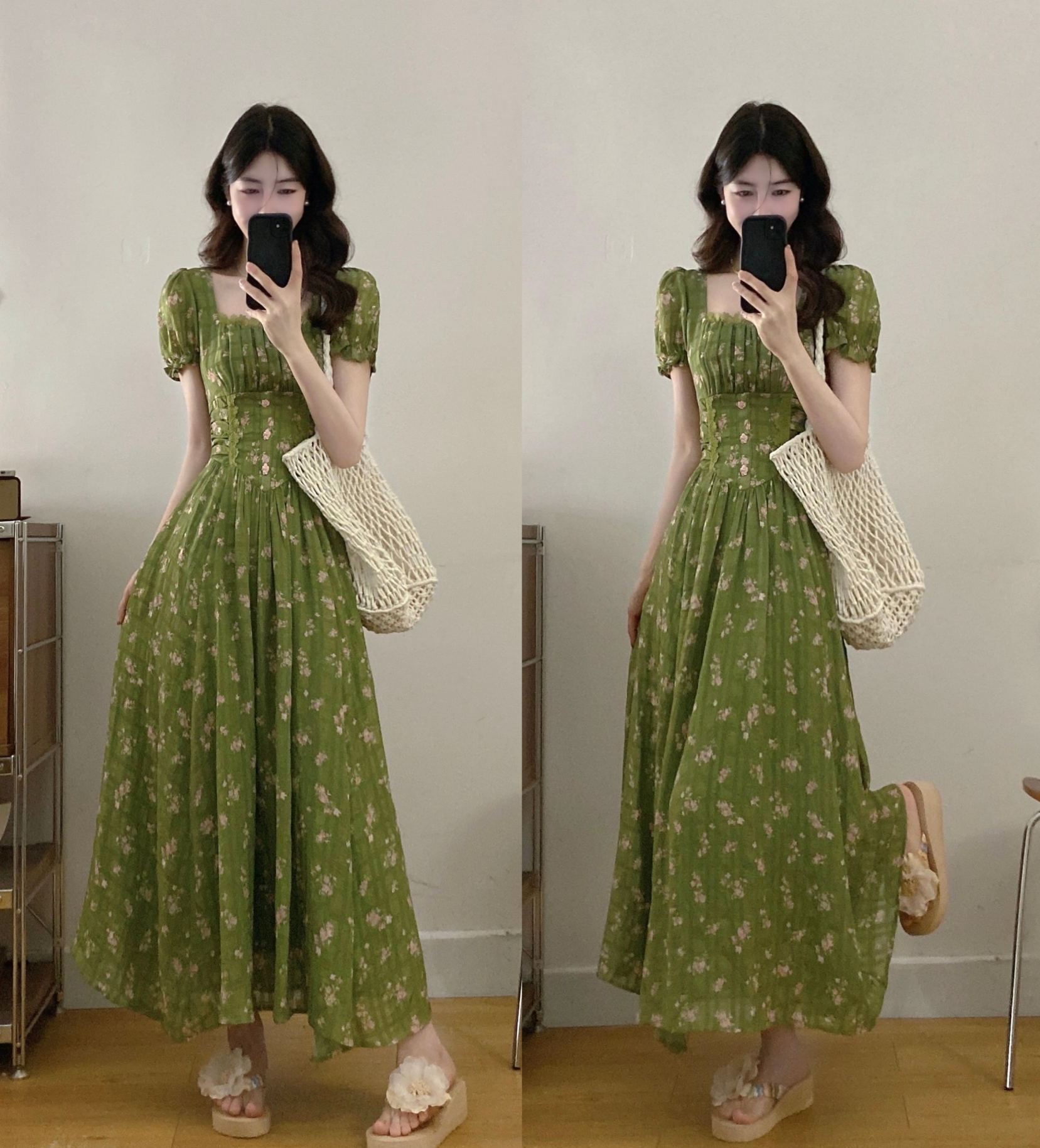 실사 빅 사이즈 지방 mm 프랑스식 레트로 디자인 센스 프린트 광장 칼라 레이스 하이웨이스트 표지 고기 슬림해 보이는 드레스