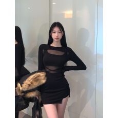 批发春冬新款高级黑色辣妹包臀裙<b class='q'>网纱</b>拼接镂空性感纯欲风长袖连衣裙女