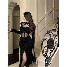 批发网纱拼接气质连衣裙女春季御姐轻熟风收腰裙子黑色开叉包臀中长裙