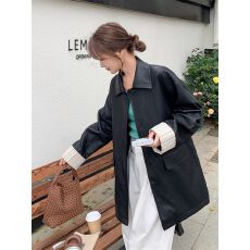 批发黑色高级感百搭气质条纹拼接PU皮衣女2026初<b class='q'>春</b>新款韩版高级感外套