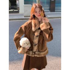 批发复古毛毛拼接麂皮绒外套女2025<b class='q'>秋</b>冬季美拉德加厚牛角扣独特超好看